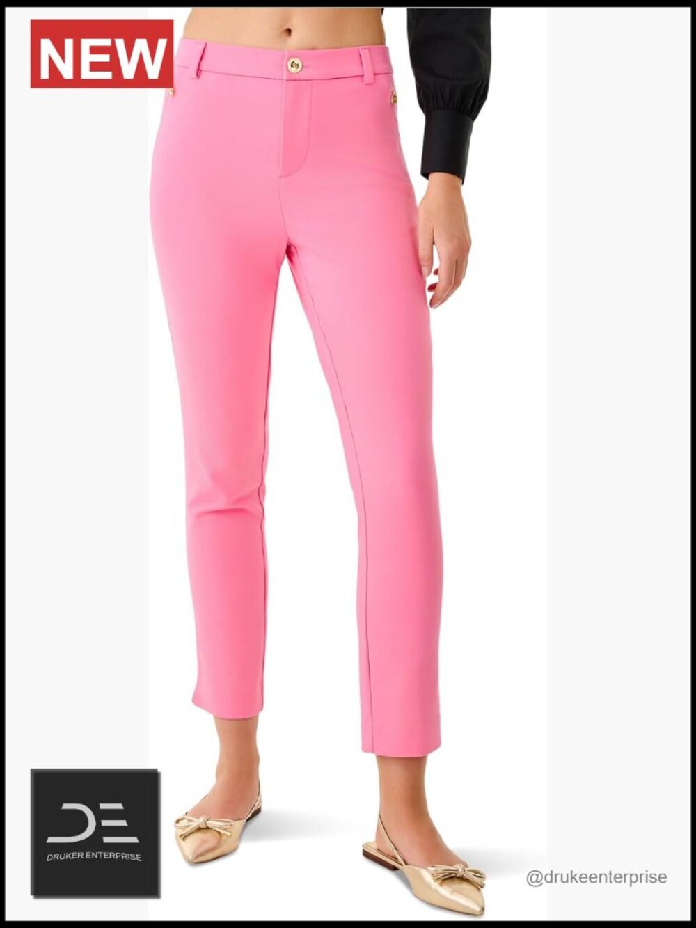 High-Rise Straight Fit Pants with Button Waistband, Ankle Length, Machine